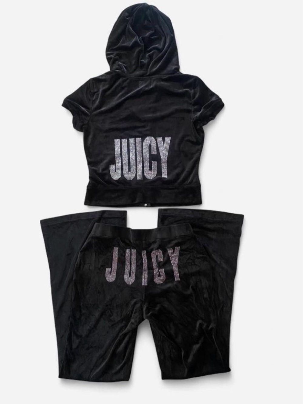Juicy Couture Black Velour Tracksuit Short-sleeve Zip Up & Flare Pants